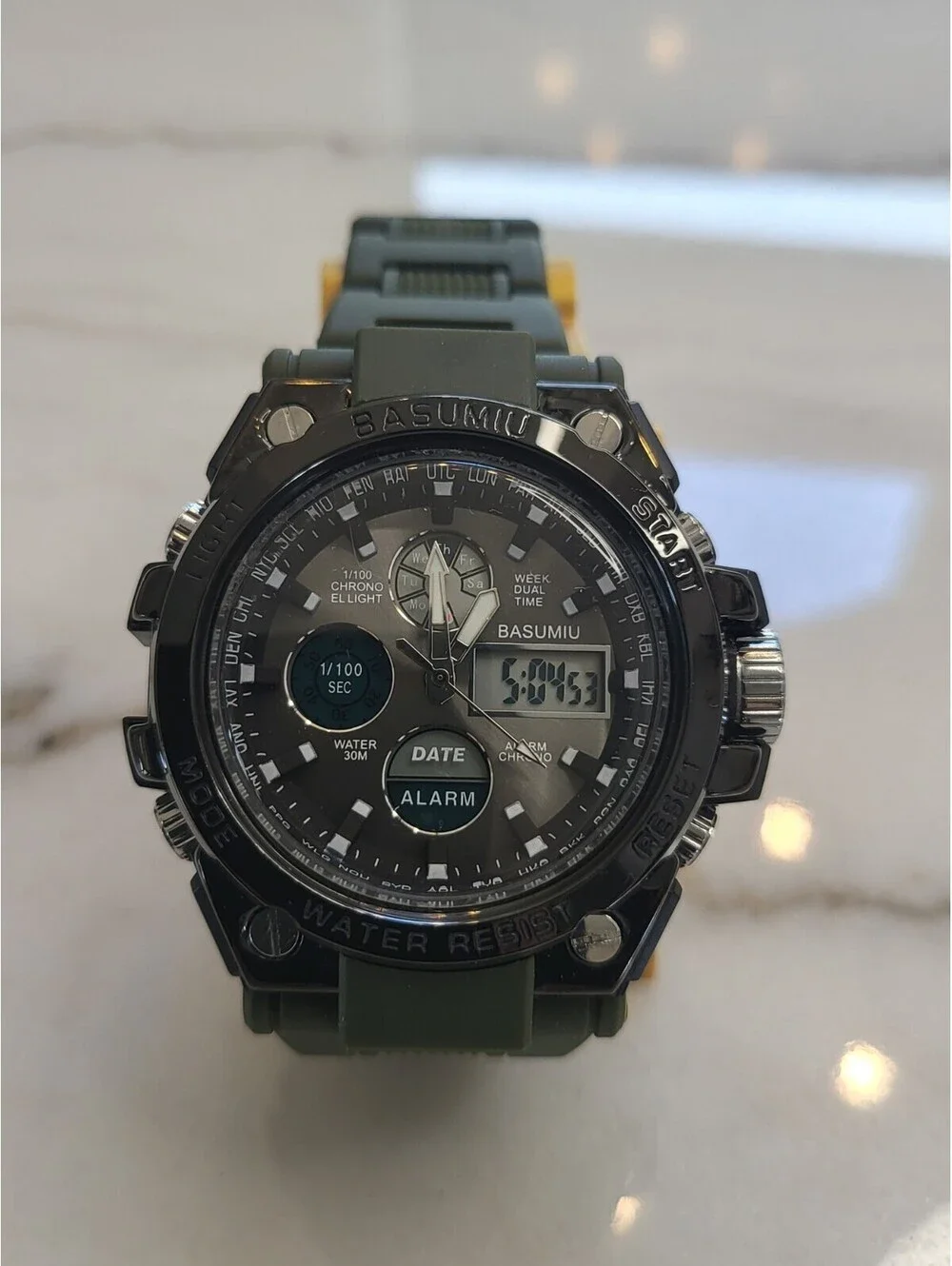 Basumiu Men's Digital Watch Tactical Military GLOWS! Dual Display NWT 8.75